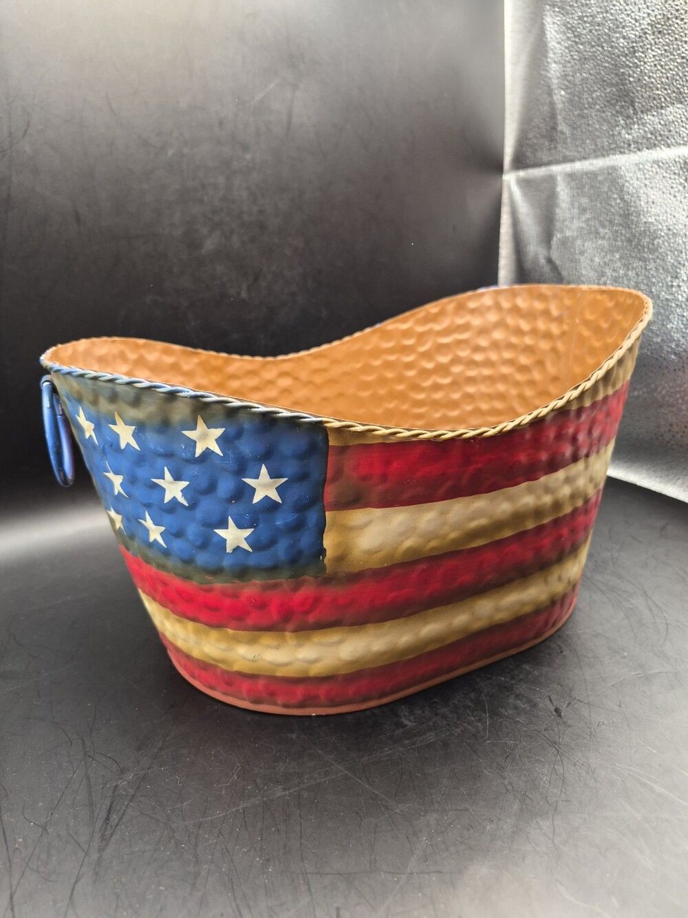 Distressed  Rustic Folk Art Metal Patriotic American Flag  Basket Container